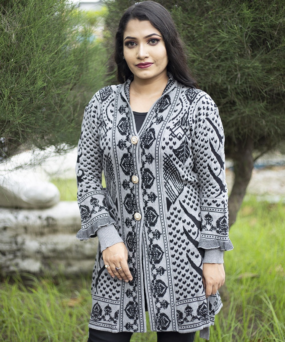 Women Black & Grey Front Open Nungor Design Sweater - Dhaka Smart